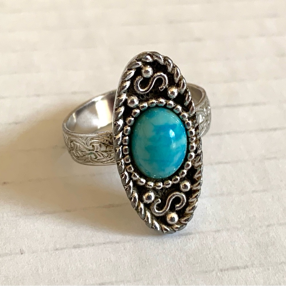 Vintage Sarah Coventry Cocktail Ring Faux Turquoise Cabochon Adjustable Band